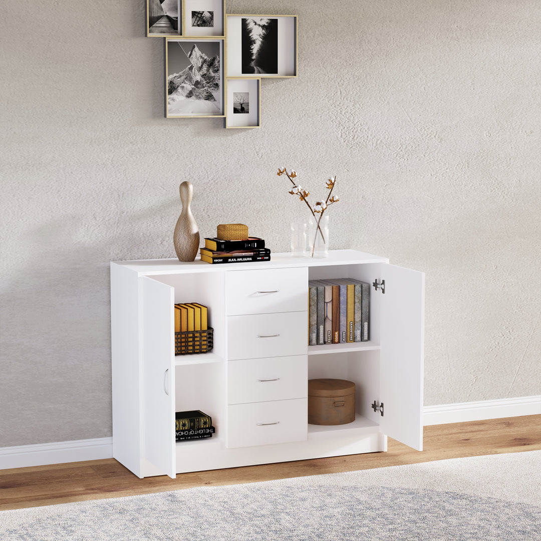 Sideboard, Storage Cabinet with 2 Doors and 4 Drawers, Free Standing Cupboard, Chest Organizer for Kitchen and Living Room, White