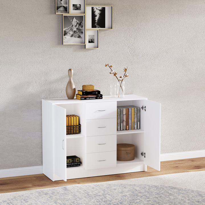 Sideboard, Storage Cabinet with 2 Doors and 4 Drawers, Free Standing Cupboard, Chest Organizer for Kitchen and Living Room, White