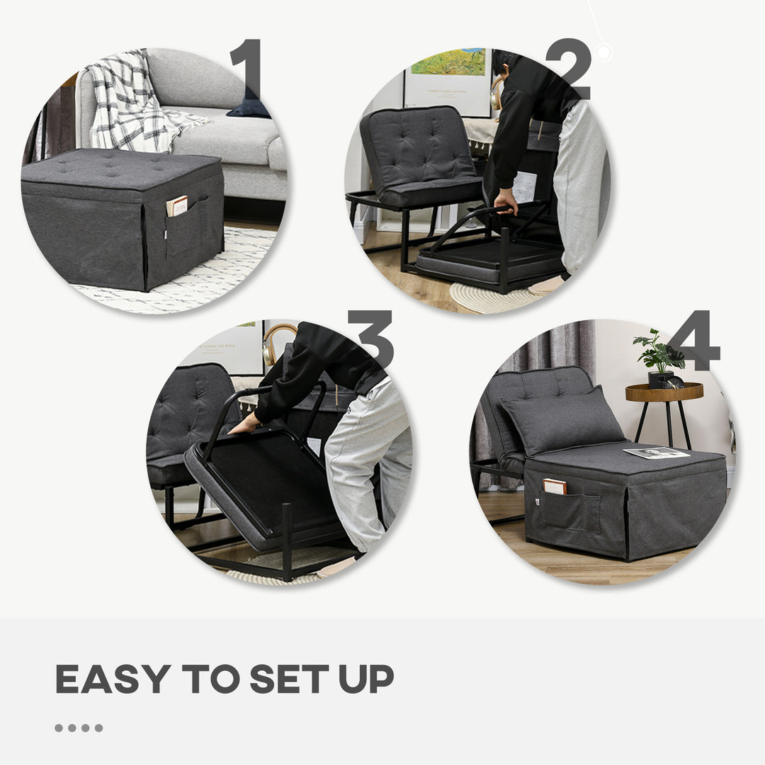 Folding Sofa Bed, Fabric Sleeper Chair Bed with Adjustable Backrest, Pillow, Side Pocket for Home Office, Bedroom, Living Room, Charcoal Grey