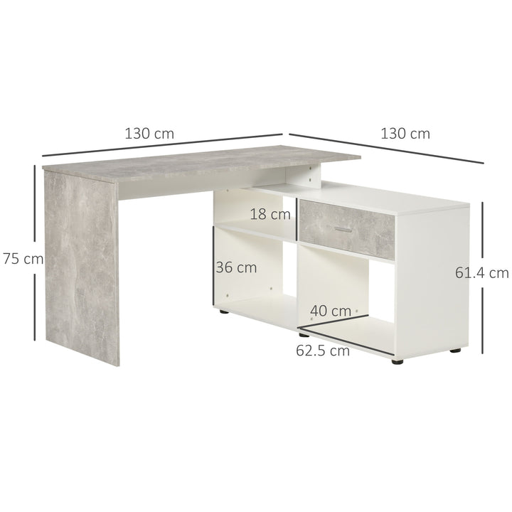 HOMCOM L-Shaped Computer Desk Home Office Corner Desk Study Workstation Space Saving Table with Shelves Drawer, Grey and White