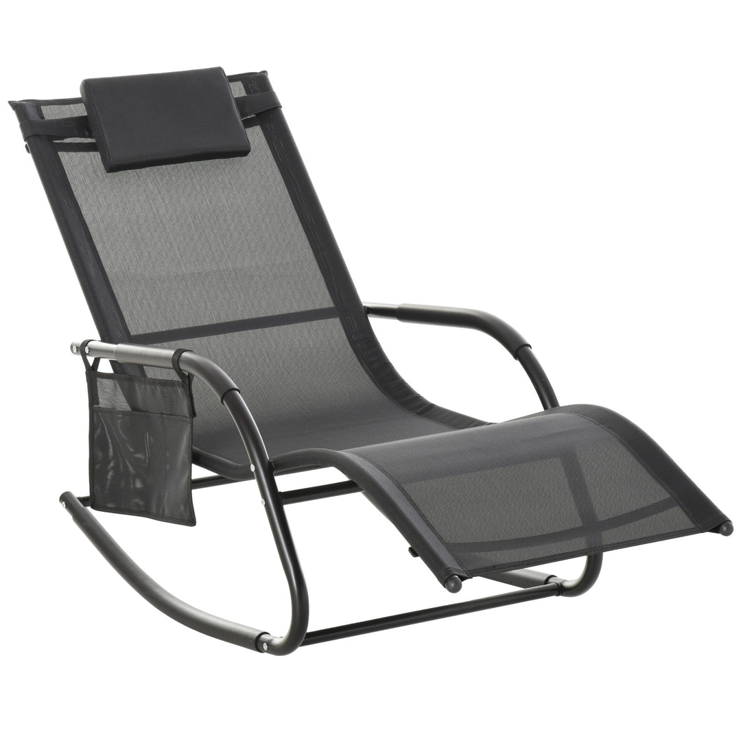 Breathable Mesh Rocking Chair Patio Rocker Lounge for Indoor &amp; Outdoor Recliner Seat w/ Removable Headrest for Garden and Patio Black