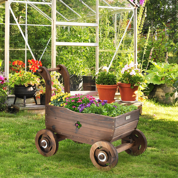 Decorative Wooden Wagon Cart with Wheels and Drainage Hole-Rustic Brown