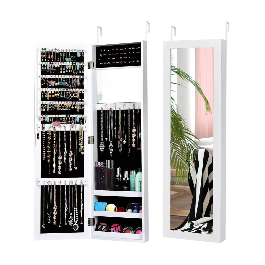 Wall Mounted Jewellery with Built-in Mirror and 3 Shelves-White