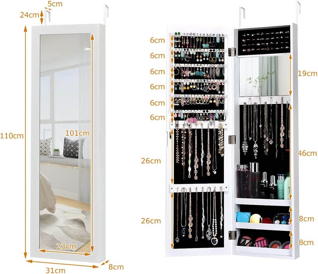 Wall Mounted Jewellery with Built-in Mirror and 3 Shelves-White