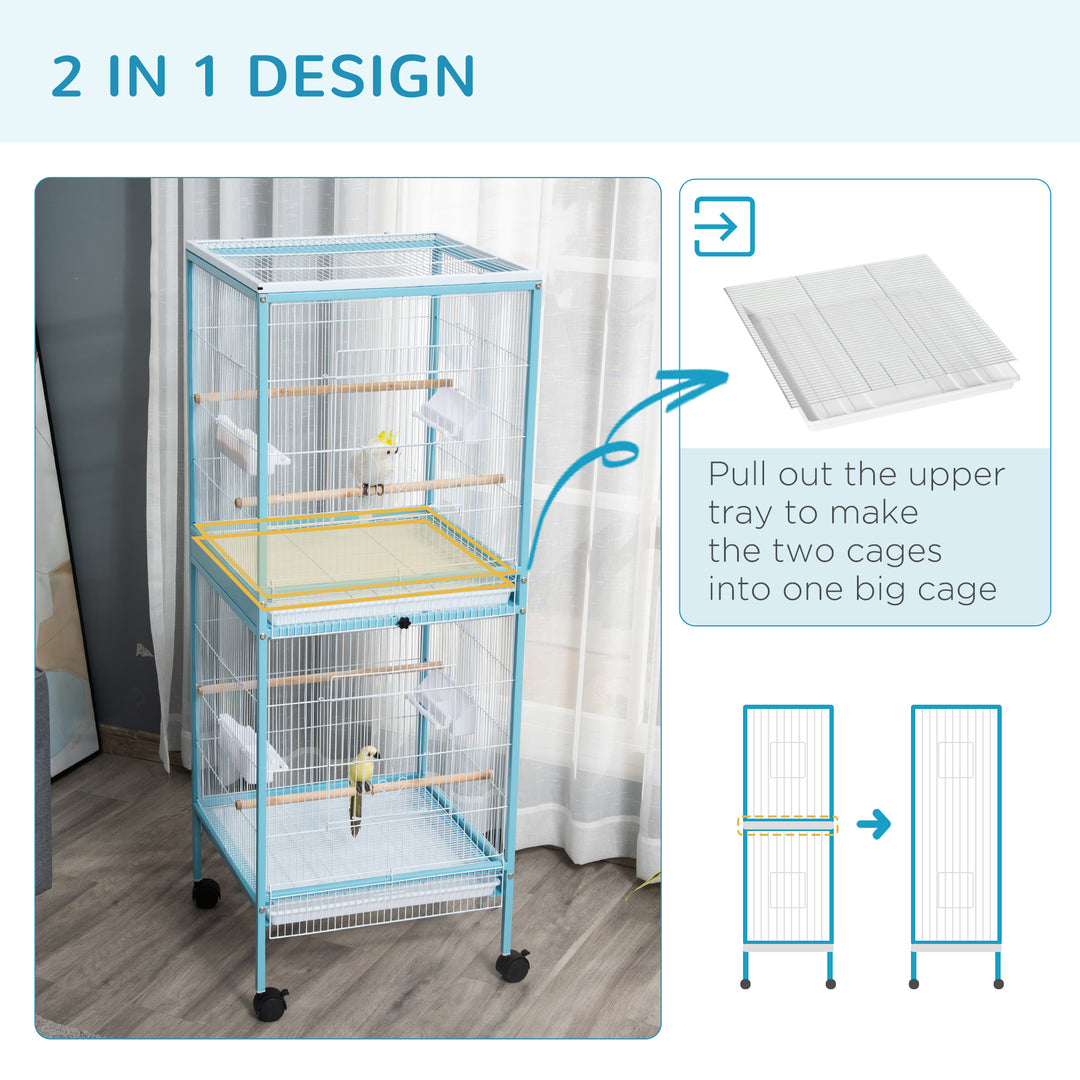 2 In 1 Large Bird Cage Aviary for Finch Canaries, Budgies with Wheels, Slide-out Trays, Wood Perch, Food Containers, Light Blue