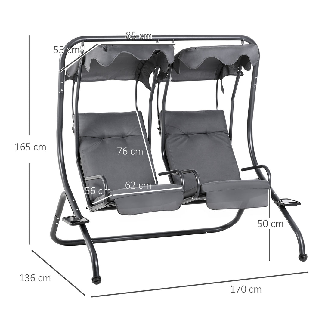 Outsunny Canopy Swing Modern Outdoor Relax Chairs w/ 2 Separate Chairs, Cushions and Removable Shade Canopy, Grey