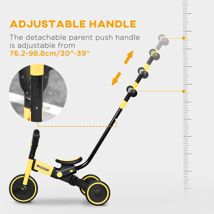 4-in-1 Tricycle for Kids, Baby Trike with Adjustable Push Handle, 18-60 Months, Yellow