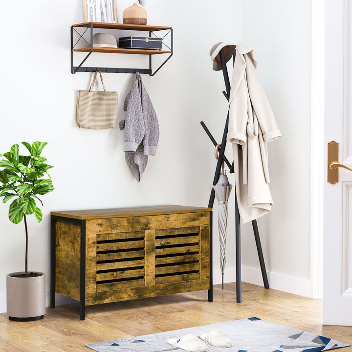 Industrial Storage Bench, Lift Top Storage Chest, Shoe Bench, Toy Box Organizer with Lid &amp; Louvered Cabinet, for Bedroom, Entryway Rustic Brown