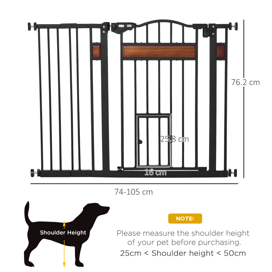 Dog Gate with Cat Flap Pet Safety Gate, Auto Close Double Locking Pine Wood Decoration, for Doorways Stairs Indoor, 74-105 cm Wide, Black