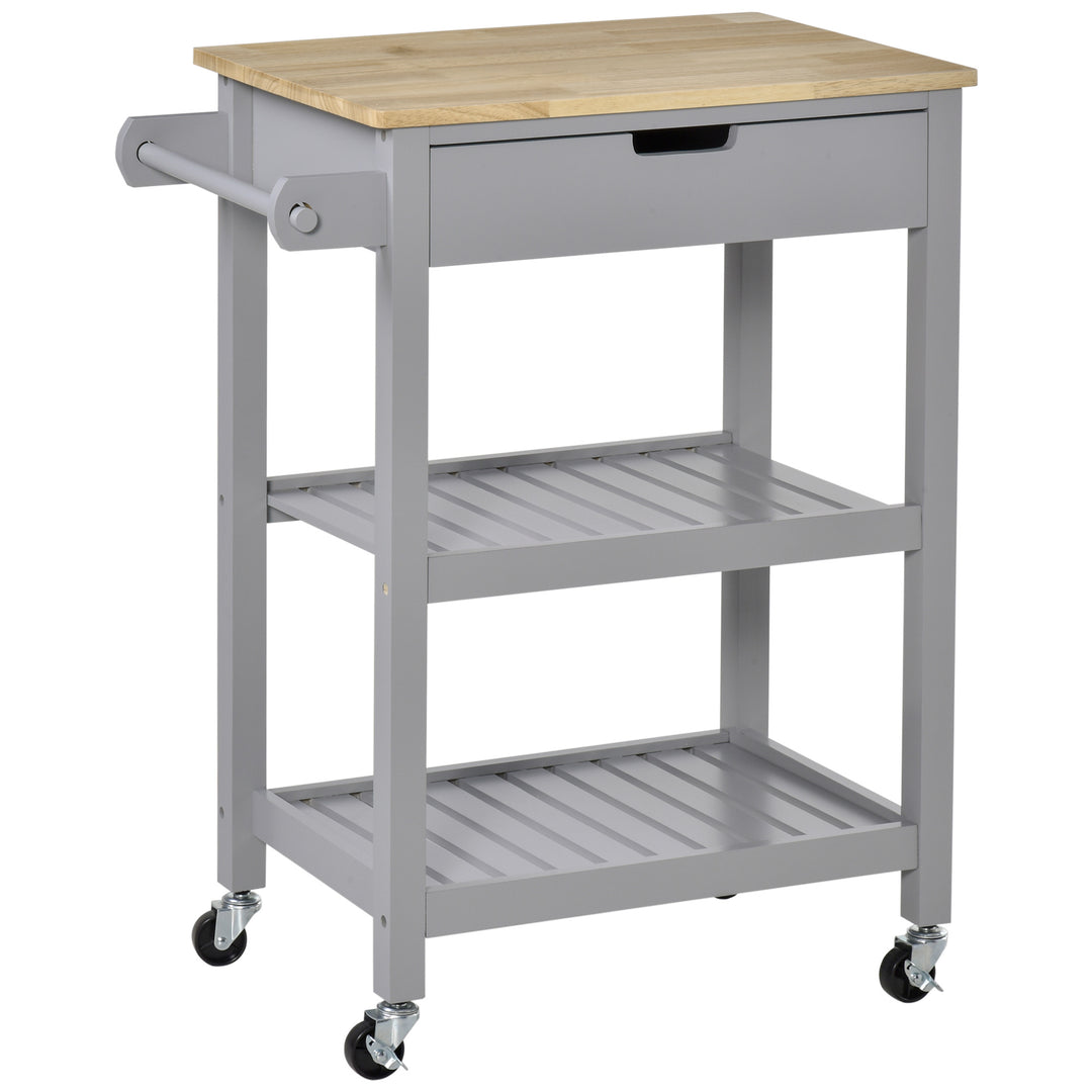 Kitchen Trolley Utility Cart on Wheels with Rubberwood Worktop, Towel Rack, Storage Shelves & Drawer for Dining Room, Grey