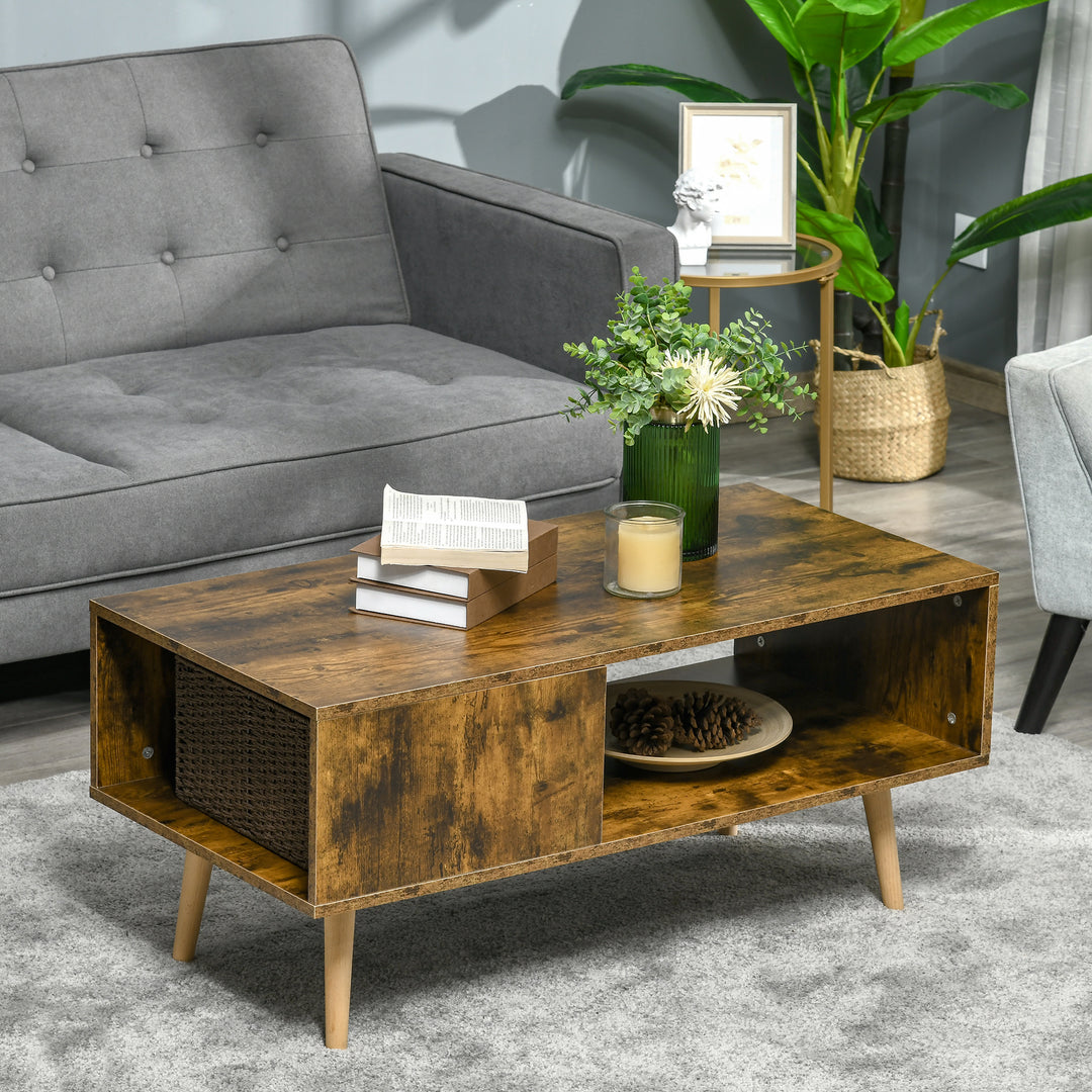 Coffee Table with Open Storage Shelves, Retro Cocktail Table with Solid Wood Legs for Living Room, Rustic Brown