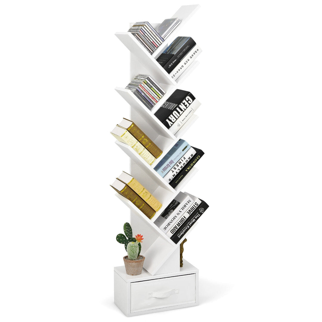 Freestanding Tree Bookshelf with Drawer-White