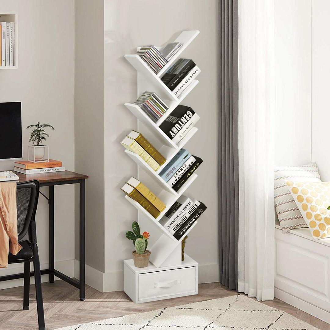 Freestanding Tree Bookshelf with Drawer-White