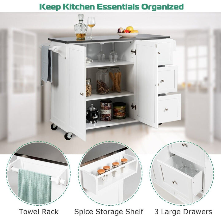 2-Doors Rolling Kitchen Island Cart with 3 Drawers-White