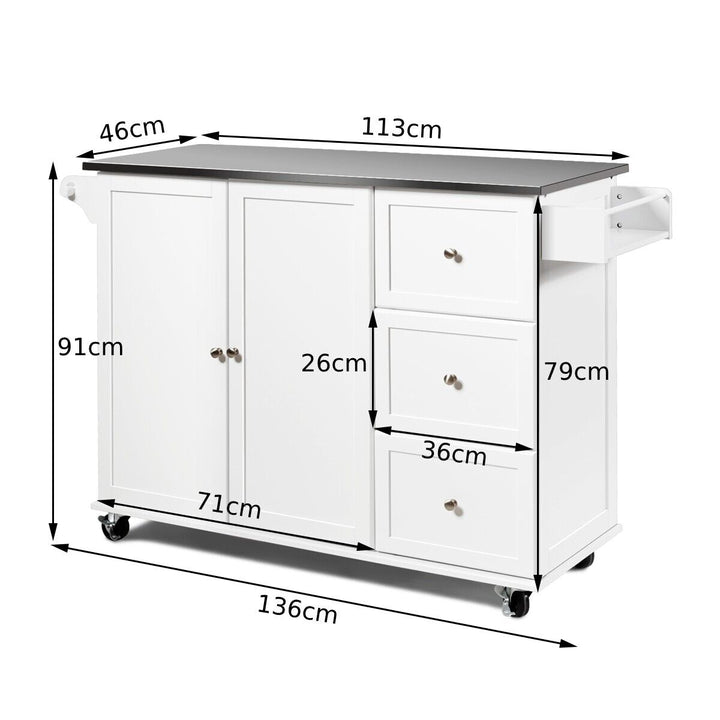 2-Doors Rolling Kitchen Island Cart with 3 Drawers-White