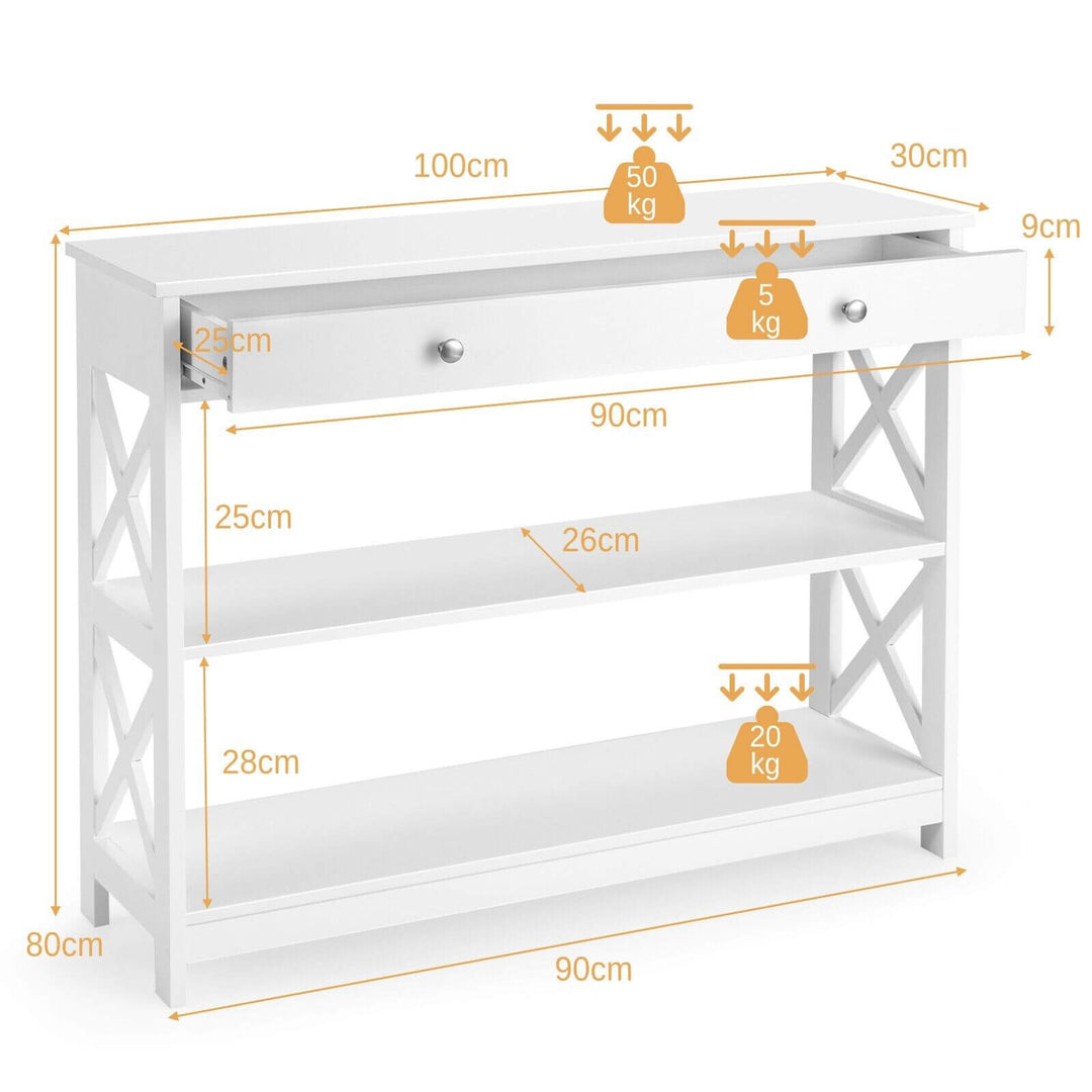 3-Tier Console Table with 1 Drawer and 2 Storage Shelves-White