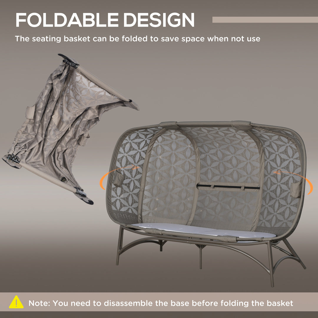 Folding Outdoor Egg Chair, Hollow Design 3 Seater Garden Furniture Chair w/ Flower Pattern Bottle Holder Bags for Indoor Outdoor, Sand Brown