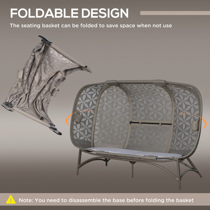 Folding Outdoor Egg Chair, Hollow Design 3 Seater Garden Furniture Chair w/ Flower Pattern Bottle Holder Bags for Indoor Outdoor, Sand Brown