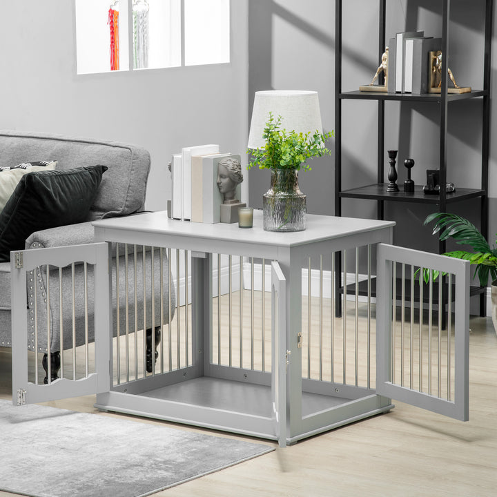 PawHut Dog Crate End Table with Three Doors, Furniture Style Dog Crate for Medium Dogs with Locks & Latches, Grey