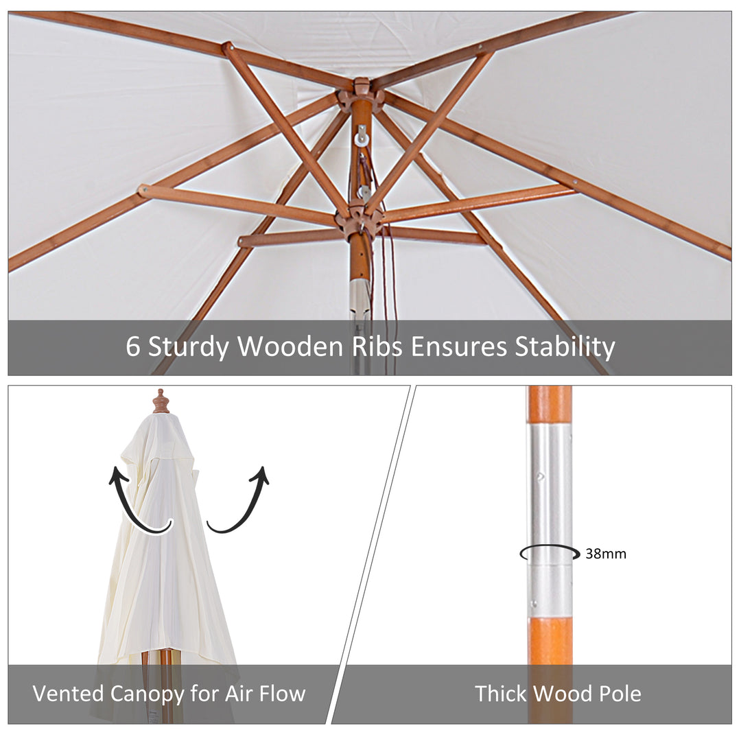 2m x 1.5m Patio Garden Parasol Sun Umbrella Sunshade Canopy Outdoor Backyard Furniture Fir Wooden Pole 6 Ribs Tilt Mechanism -  Cream White