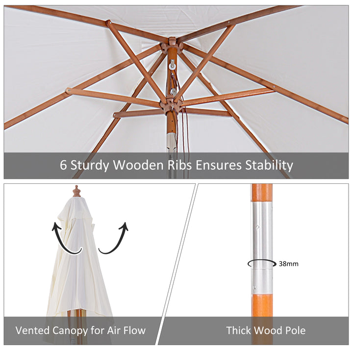 2m x 1.5m Patio Garden Parasol Sun Umbrella Sunshade Canopy Outdoor Backyard Furniture Fir Wooden Pole 6 Ribs Tilt Mechanism -  Cream White