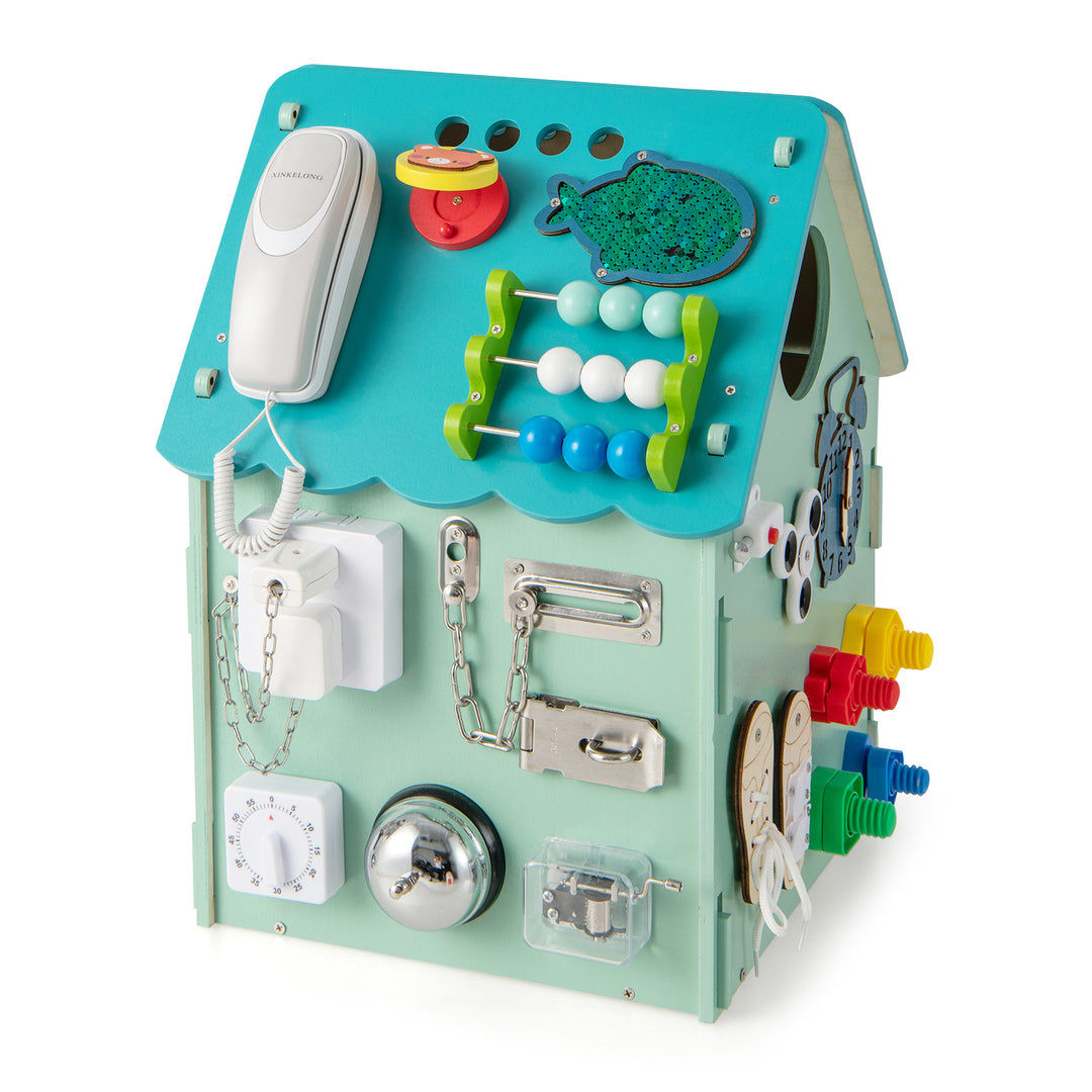 Wooden Busy House Toddler Learning Toy with Music Box-Blue