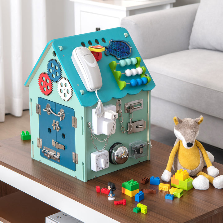 Wooden Busy House Toddler Learning Toy with Music Box-Blue