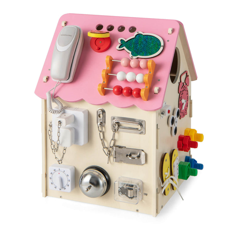 Wooden Busy House Toddler Learning Toy with Music Box-Pink