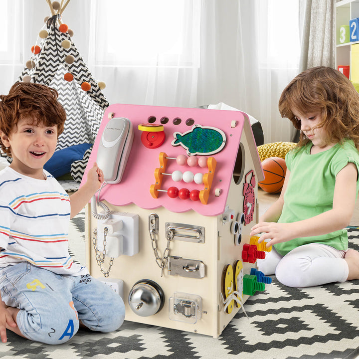 Wooden Busy House Toddler Learning Toy with Music Box-Pink