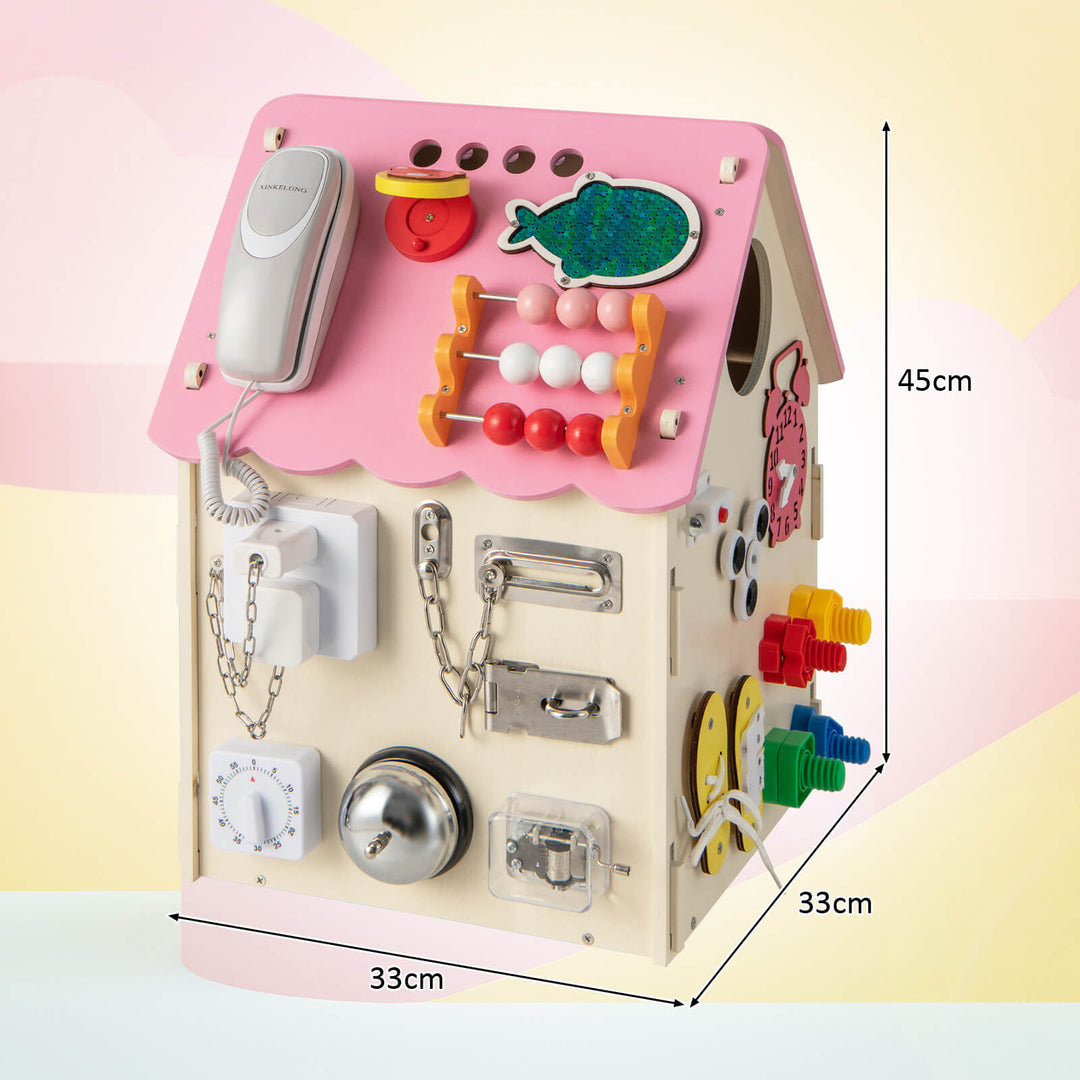 Wooden Busy House Toddler Learning Toy with Music Box-Pink