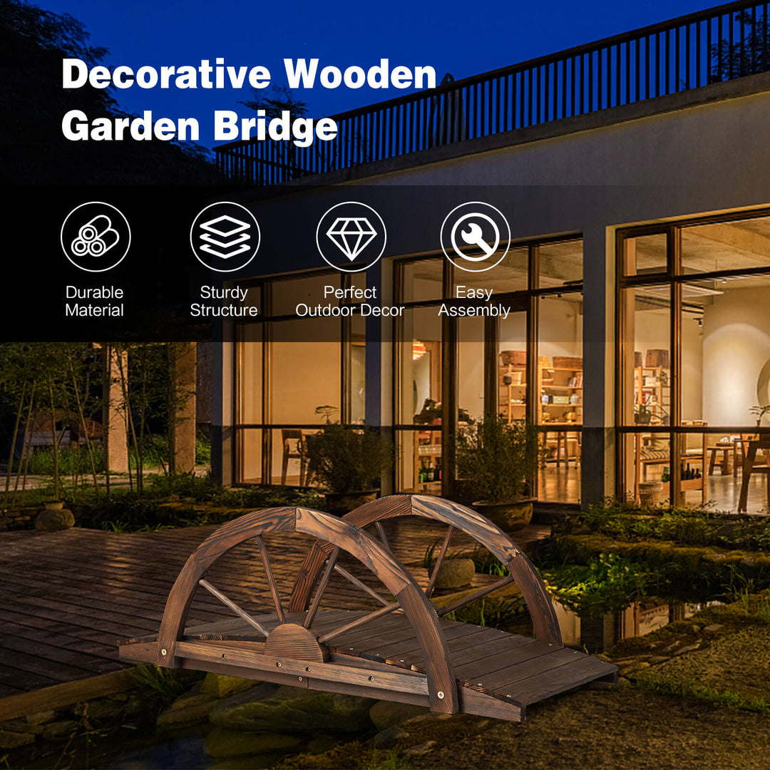 Wooden Garden Bridge with Half Wheel Railings-Rustic Brown