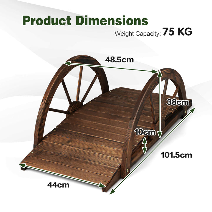 Wooden Garden Bridge with Half Wheel Railings-Rustic Brown