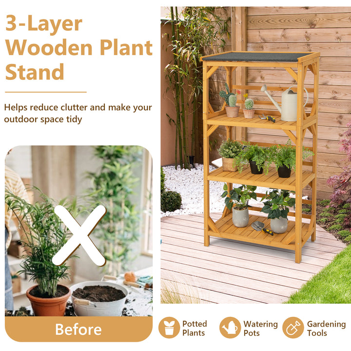 137CM 3-Tier Garden Plant Stand with Weatherproof Asphalt Roof-Natrual