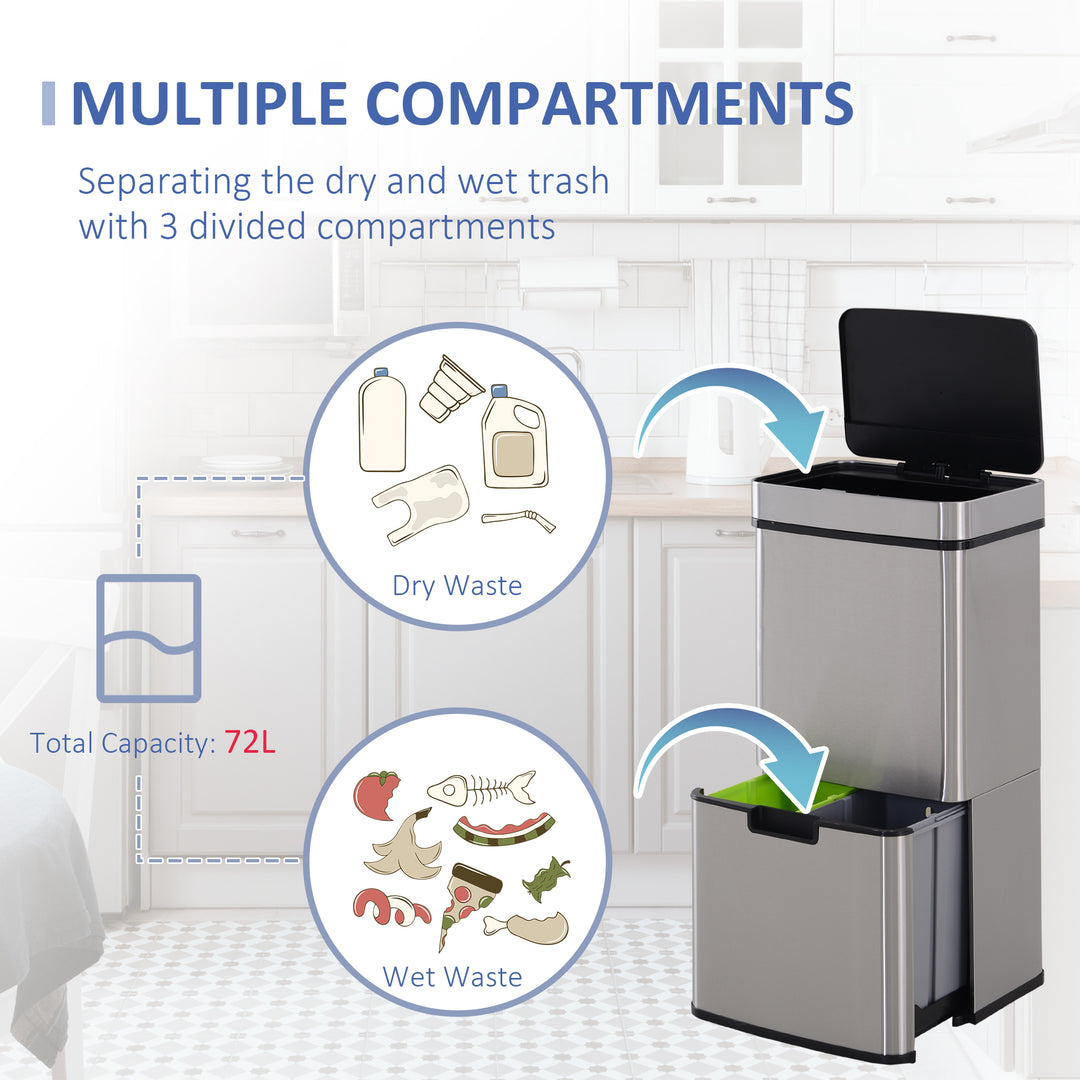 72L Recycling Sensor Bin, Stainless Steel 3 Compartments for Both Wet or Dry Waste with Removable Lid Kitchen Home