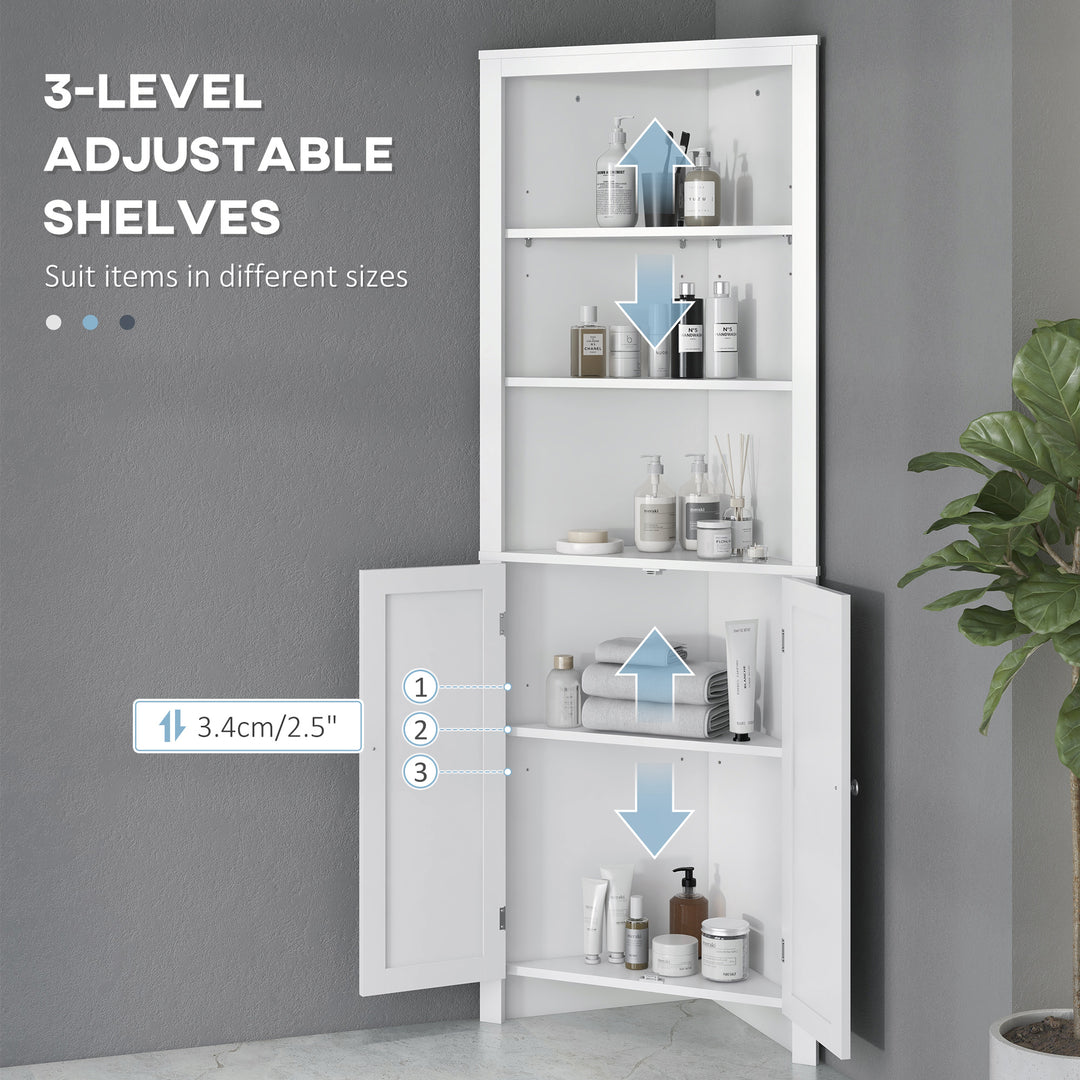 Triangle Bathroom Cabinet, Corner Bathroom Storage Unit with Cupboard and 3-Tier Shelves, Free Standing, White