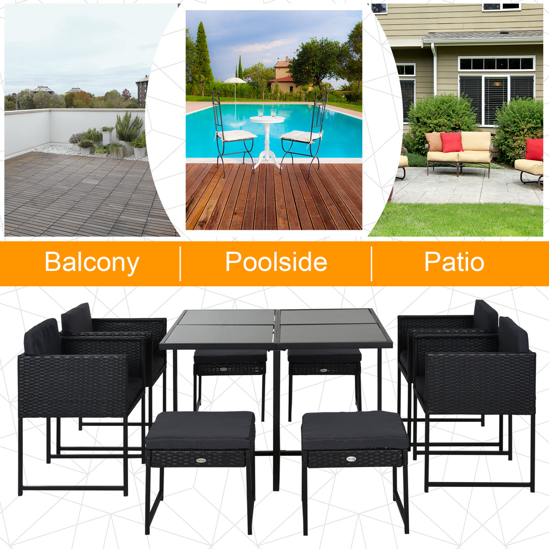8-Seater Rattan Dining Cube Set Outdoor Patio Furniture PE Rattan Wicker Dining Set w/ 4 Armchair,4 Foot Stool,Grey Cushion