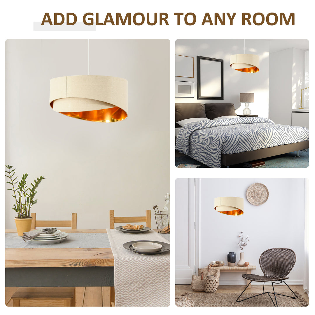 Modern Pendant Light with Adjustable Hanging Chain and Two Bevel Nested Lampshade, Metal Chandelier for Living Room, Bedroom, Beige and Gold