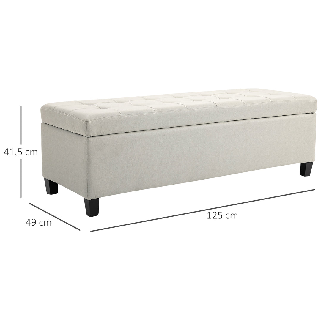 HOMCOM Linen Storage Ottoman, End of Bed Bench, Padded Footrest Seat with Tufting Design, Hinged Lid and Wood Frame 125L x 49W x 41.5H cm Beige