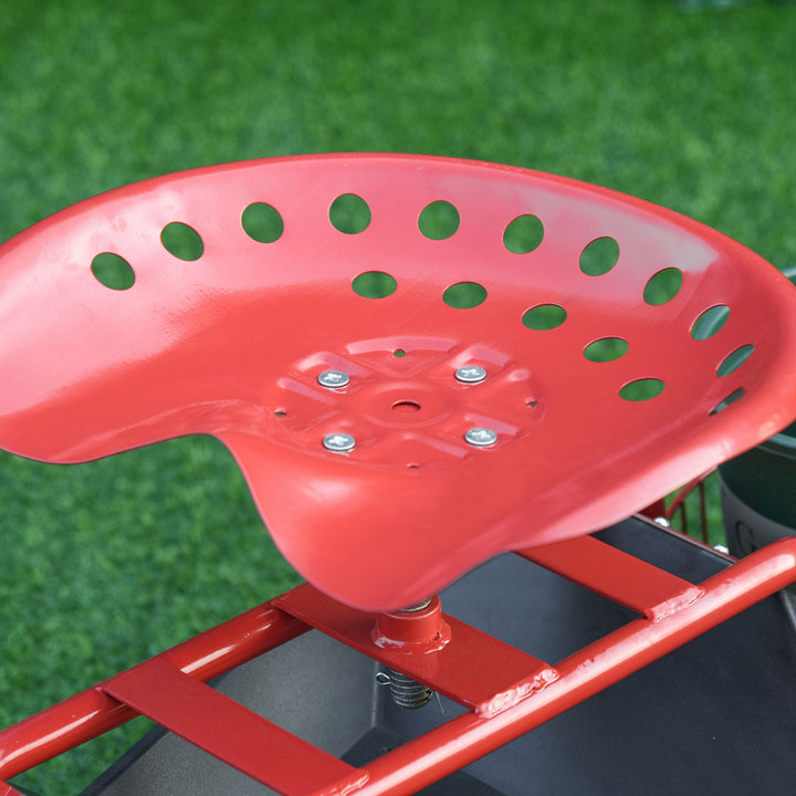 Outsunny Adjustable Rolling Garden Cart Outdoor Garden Planting Station Trolley Swivel Gardener Work Seat Heavy Duty w/ Tool Tray &amp; Basket Red 150kg