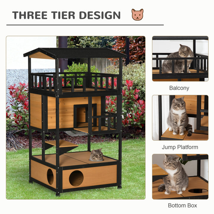 Wooden Cat House 3-Tier for Winter Kitten Shelter Lodge w/ Tilted Roof Terrace Jump Step Bottom Tray Elevated Base, Yellow