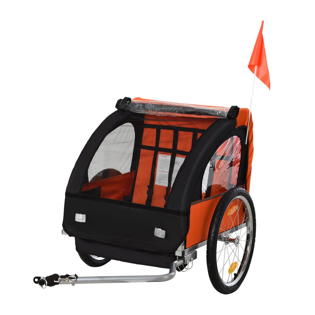 2 Seat Bike Trailer Bicycle wagon for Kids Child Steel Frame Safety Harness Seat Carrier Orange Black 130 x 76 x 88 cm