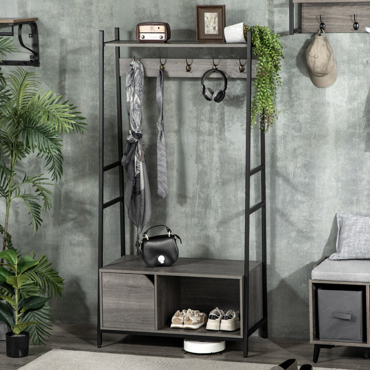 Coat Rack Stand, Shoe Bench with 5 Hooks and Storage Cabinet, Freestanding Metal Frame Hall Tree for Hallway, Grey