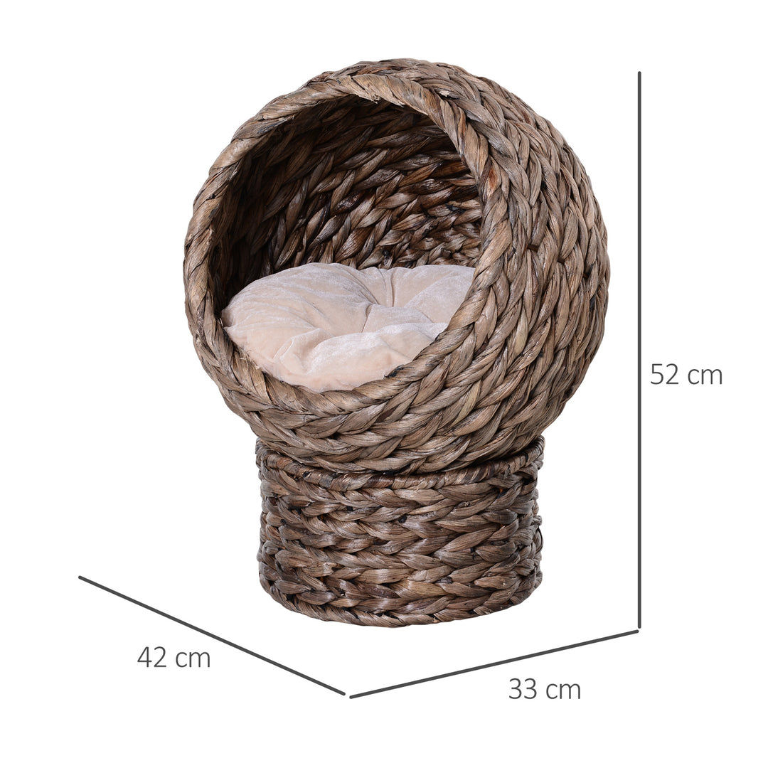 Woven Banana Leaf Elevated Cat Bed House Basket Soft Cushion Dome Basket 42x33x52 cm Dark Brown (base) &amp; Beige (cushion)
