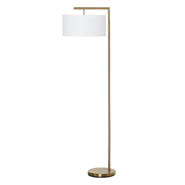 Floor Lamp, Modern Standing Light with Linen Lampshade, Round Base for Living Room, Bedroom, Dining Room, Gold and White