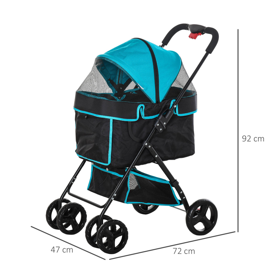 PawHut Pet Stroller Pushchair Travel One-Click Fold Trolley with EVA Wheels Brake Removable Cloth Basket Bottle Holder Adjustable Canopy Safety Leash