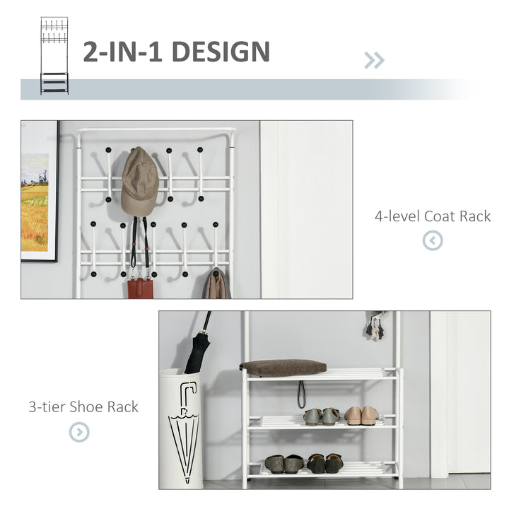 Coat Rack Stand Hall Tree Hallway Furniture with 18 Hooks 3-Tier Shoe Rack Metal Frame for Entryway Bedroom Living Room White