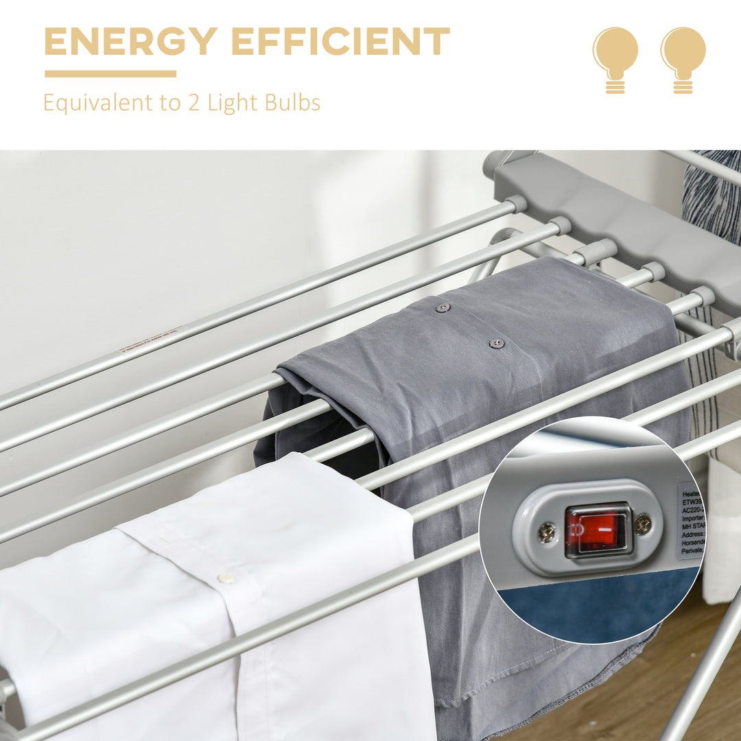 Electric Heated Clothes Dryer, Folding Energy-Efficient Indoor Airer with Extendable Wings, Laundry Drying Horse Rack, Silver