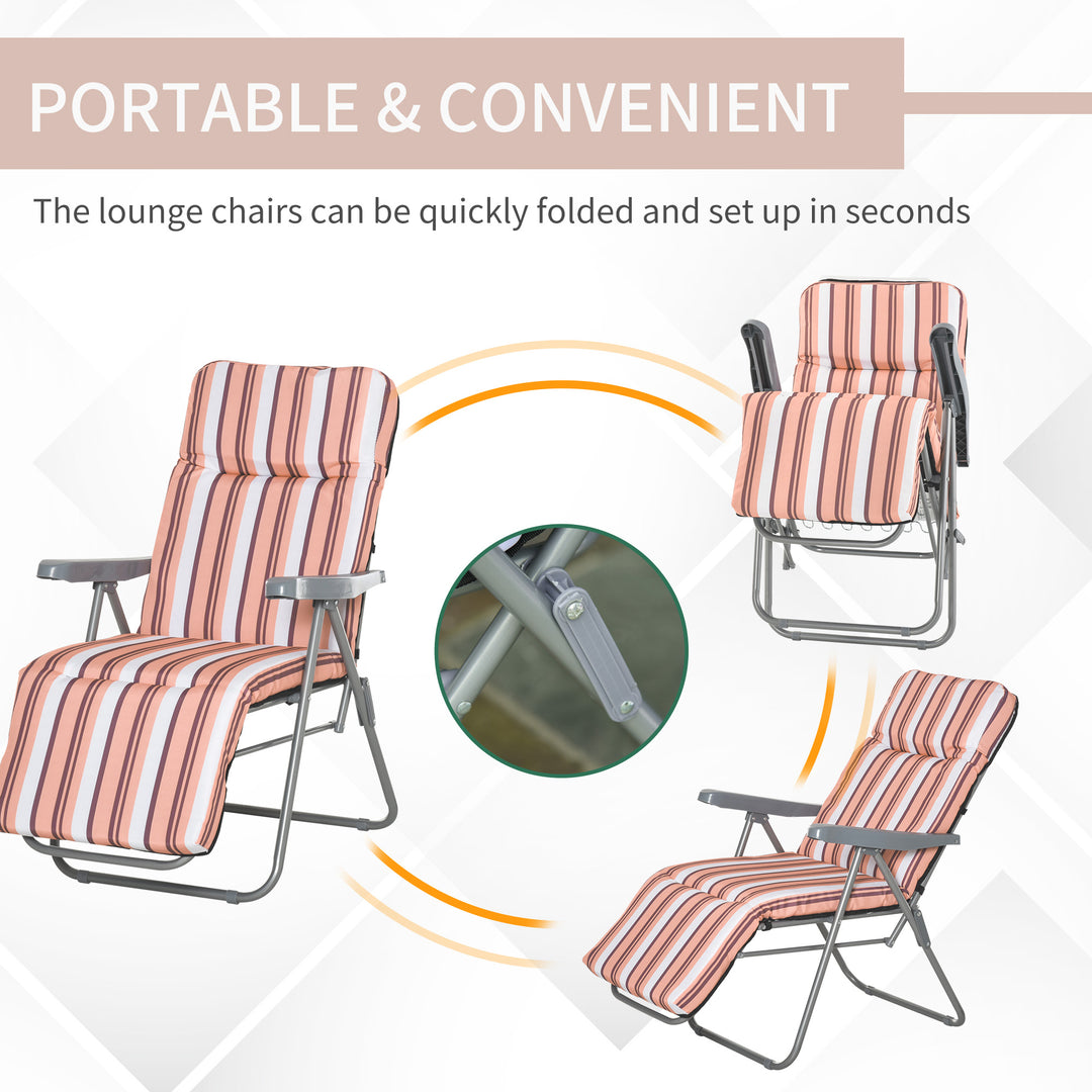 Outsunny Set of 2 Garden Sun Lounger Outdoor Reclining Seat Cushioned Seat Foldable Adjustable Recliner Orange and White