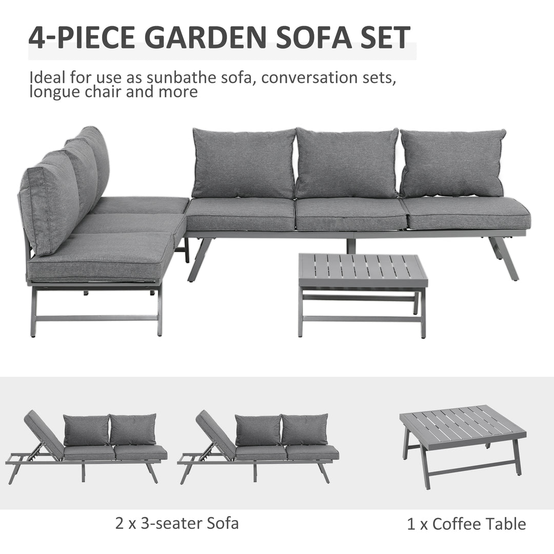 3 Pcs Garden Seating Set w/ Convertible Sofa Lounge Table Padded Cushions Outdoor Patio Furniture Couch Grey