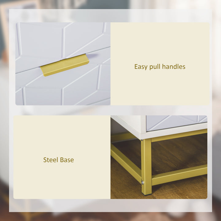 Modern Chest of Drawers, 5-Drawer Storage Organizer Unit with Golden Effect Steel Base for Bedroom, Living Room, Natural, White